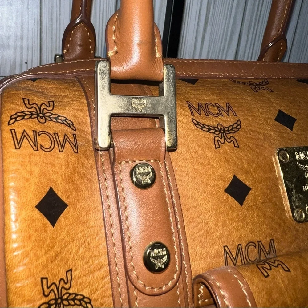MCM Vintage Cognac Visetos Monogram Boston Satchel Bag with Gold Logo Plate